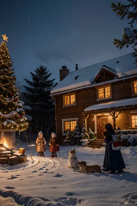 

" In the foreground, a cozy country house with a snow-white roof ,  decorated with garlands of artificial fir branches and flickering lights.  The windows of the house are illuminated by warm light , , including the shadows of fir branches and Christmas ...