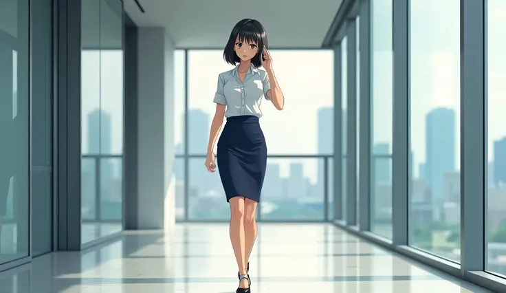 A modern office hallway with sleek, minimalist design, featuring clean lines, neutral tones, and soft natural lighting. An Nhien, a digital anime-style character, 35-year-old woman with black layered bob hair, light skin, and a slim, professional build, is...