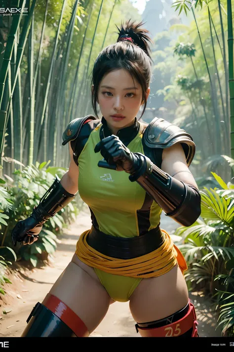 bamboo forest background，A look of determination，colorful vivid octane render, cybernetic and highly detailed, loba andrade from apex legends, created in unreal engine 5, made in unreal engine 5, trending on unreal engine 5, Antique portraits, Martial arts...