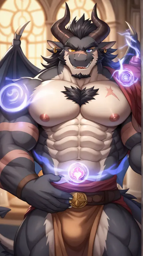 Clothes The chest of the dress is open ， furry(  Black-haired Western Dragon  ：1.5),,  Muscular  ,(   black eyebrows   :1.1),(（ Perfect eyes ）),  black fur ，（  Muscular   ：1.5）（{{  artist  }}:  Feng Donghao   ），paw，（ Pattern on face ，   Natural muscle line...