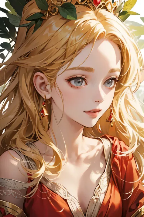 Princess, forest nymph, ethereal forest girl, perfect anatomy, hanging jewels, pretty girl, amazing body, best proportions, yunani red dress, ancient goddess ((((closeup face)))), looking at viewer, blonde long curl hair, grey eyes, smiley mouth, 