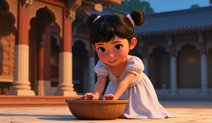 The style is 3D Pixar animation with a Vibrant color palette, in 3 D animation image of a cute and adorable with her hair into two buns on top and bangs, wearing a white princess dress, washing her feet in a wooden bucket, in the courtyard of an ancient pa...