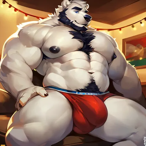 Solo, anthro, male (((bear, polar bear, blue eyes, muscular, big pecs, abs, thin waist, black nipples, white body, white fur, brown facial hair, brown body hair, beard,  chest hair, pubes, white briefs, big bulge))) lying, living room, Christmas lights, Ch...