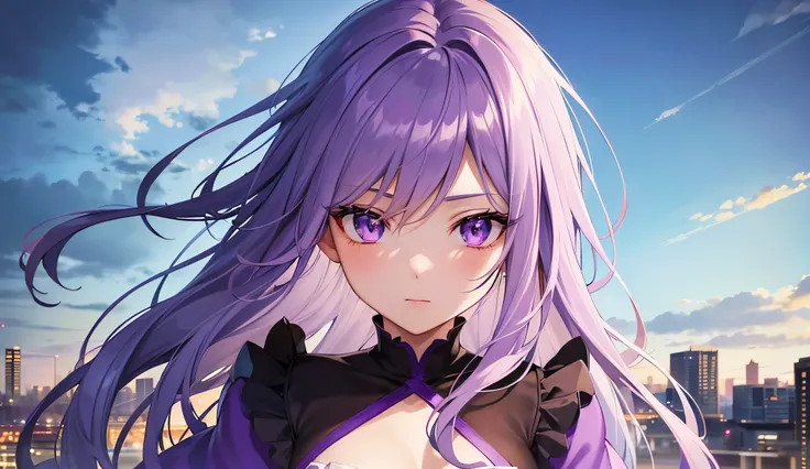 Anime girl character with flowing purple, wearing a dress, in the city, (best quality:1.1), (masterpiece:1.2), high quality shadow, beautiful detailed, (high detailed skin, skin details), (wide_landscape, 8k), beautiful face, detailed eyes, depth of field,...