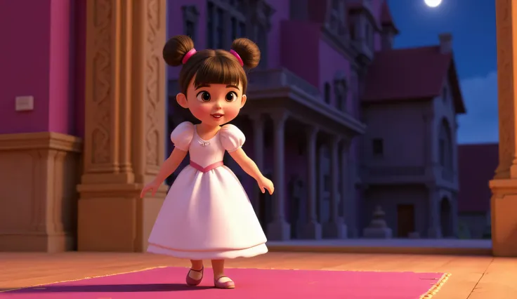 The style is 3D Pixar animation with a Vibrant color palette, in 3 D animation image of a cute and adorable with her hair into two buns on top and bangs, wearing a white princess dress, walking towards her room, an old European palace room, the light sourc...