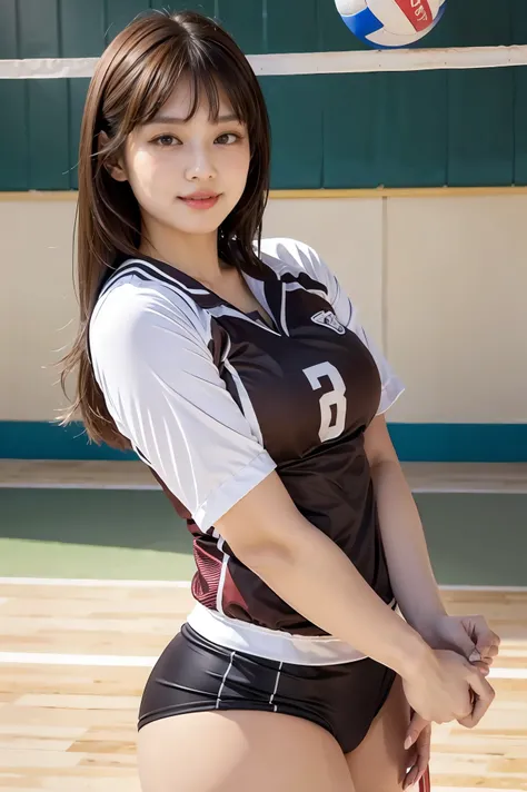 1lady solo, /(volleyball uniform/), /(dark brown hair/) bangs, blush light smile, (masterpiece best quality:1.2) delicate illustration ultra-detailed, large breasts BREAK /(volleyball court indoors/)