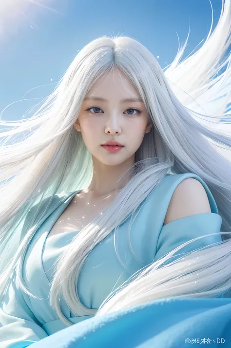 anime girl with long white hair and a blue dress in the snow, white haired deity, white hair floating in air, anime fantasy illustration, flowing white hair, beautiful young wind spirit, beautiful fantasy anime, glowing flowing hair, ethereal anime, beauti...