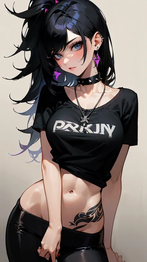 ((Long Straight Black hair)), Perfect face, Choker, Punk earrings, ((Tall)), ((High Quality)), Necklace, ((Mature)), Sharp Nails, ((1 Girl)), ((Multiple Earrings)), Spiky Earrings, Adult, Spiked Collar, ((High Leggings)), ((Black T-Shirt)), Vibrant Colors,...