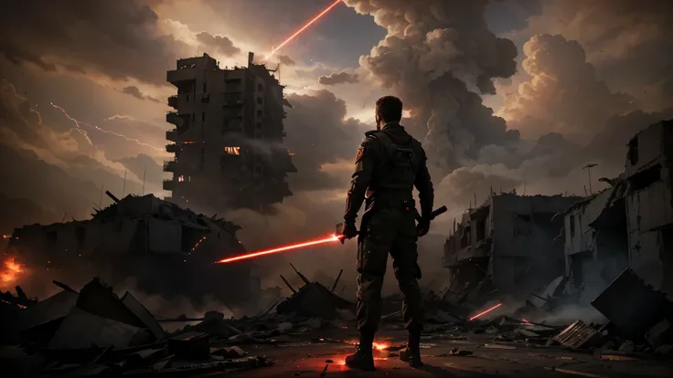 Sci-fi image of a man standing with a laser sword flashing, urging soldiers to fight in a destroyed city with red clouds.