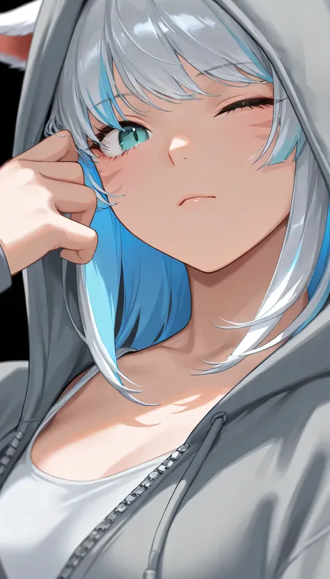 masterpiece,1girl, colored inner hair silver hair blue hair, gray oversized hoodie, inner tank top , close one eye, Long hair tips, Miqote