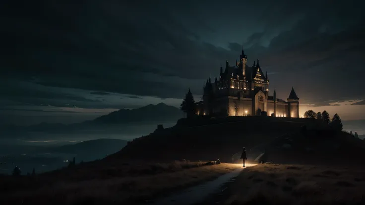 castle on a hill, dramatic lighting, dark color palette, moody atmosphere, cinematic composition, digital art, concept art, barefoot full body