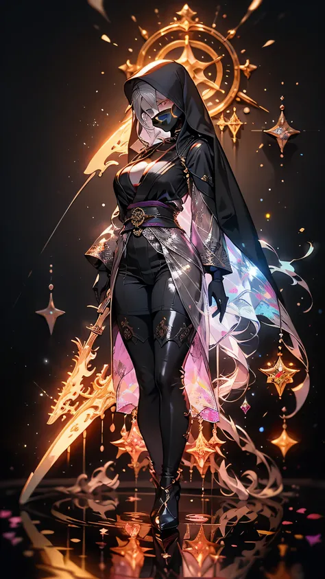 16k,Super fine,masterpiece,best quality, (silhouette art:1.4), (Double Exposure:1.3), The Queen in a stylish and sexy ninja hoodie with one eye covered with a black cloth like an eyepatch that shows off her cleavage and thighs looking down with confidence ...