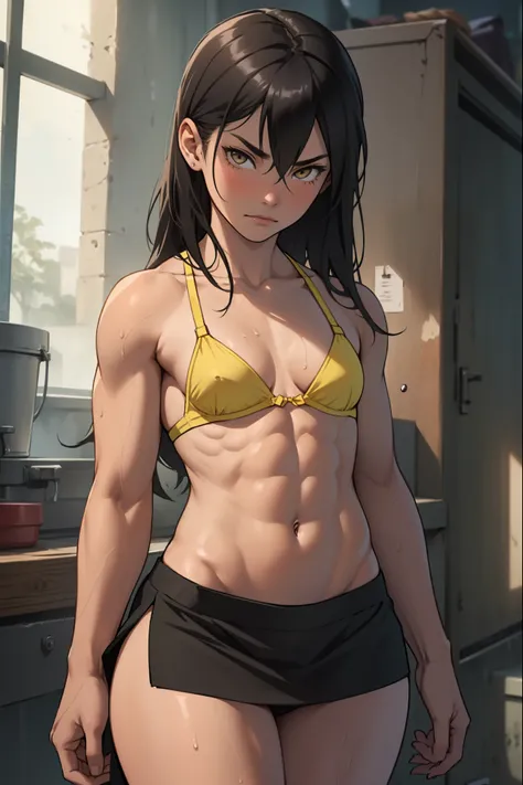 (((((muscular 1 girl))))), (((thick thighs, small breasts, toned body 1 girl))), black hair, yellow eyes, frown, (tiny bra skirt very long hair pale skin) navel