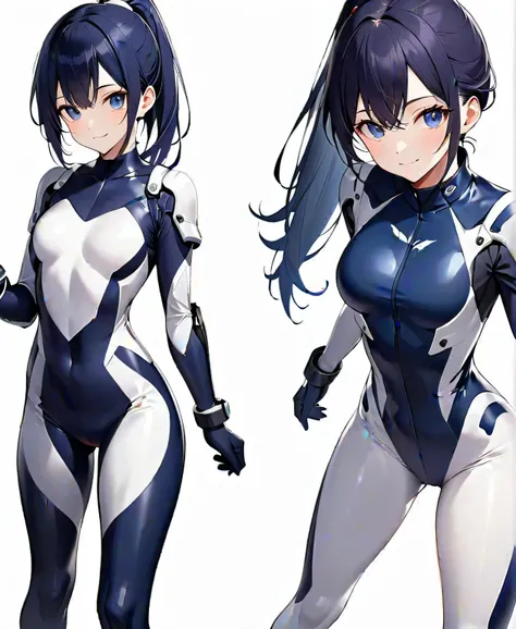 (​masterpiece、 top quality 、 highest resolution、Clear image、 detailed images、 The angle is from above ): ( A Japanese woman 、 high knot ponytail、 Dark Blue Hair 、Sparkling Blue Eyes、( white and navy blue pilot suit with enamel finish、 white and dark blue f...