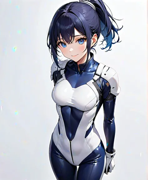 (​masterpiece、 top quality 、 highest resolution、Clear image、 detailed images、 The angle is from above ): ( A Japanese woman 、 high knot ponytail、 Dark Blue Hair 、Sparkling Blue Eyes、( white and navy blue pilot suit with enamel finish、 white and dark blue f...