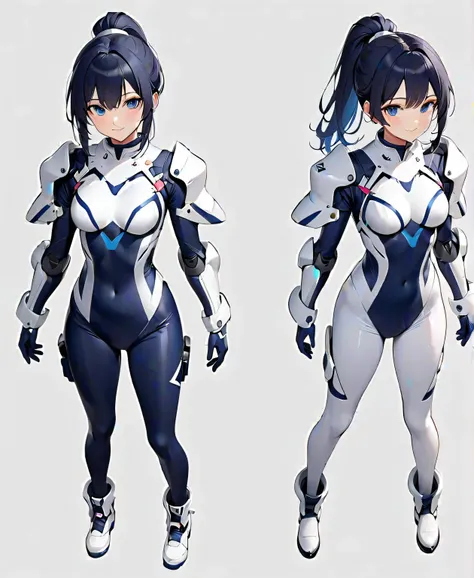 (​masterpiece、 top quality 、 highest resolution、Clear image、 detailed images、 The angle is from above ): ( A Japanese woman 、 high knot ponytail、 Dark Blue Hair 、Sparkling Blue Eyes、( white and navy blue pilot suit with enamel finish、 white and dark blue f...