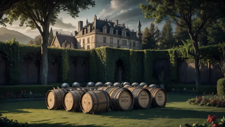 several barrels of wine under the sun in dramatic castle garden, renaissance style, lush greenery, dramatic lighting, dark color palette, moody and cinematic atmosphere, ultra-detailed, photorealistic, 8k, sharp focus, physically-based rendering, vivid col...