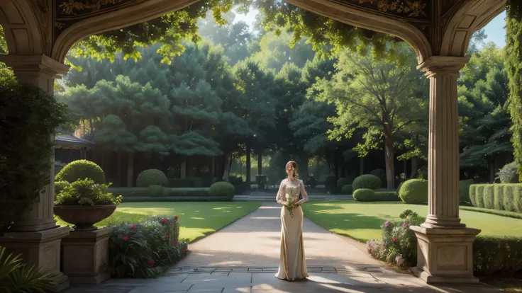 a noble lady in a renaissance garden, elegant high society gathering, ornate aristocratic dress, delicate porcelain tea cups, lush greenery, sunlight streaming through trees, classical architecture, detailed intricate patterns, warm golden tones, soft focu...