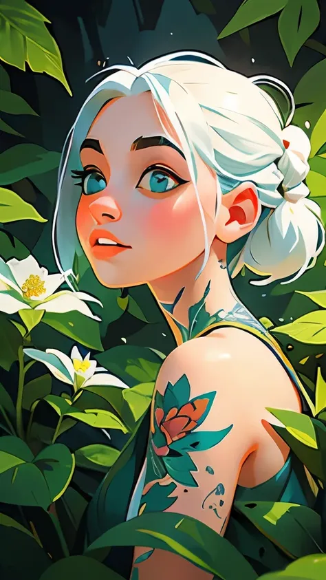 1girl, solo, white_hair, tattoos, grotto, verdant, flowers, beautiful, idyllic, sublime, absurdres, hyper-realism, textured, maximum_detail, dslr 