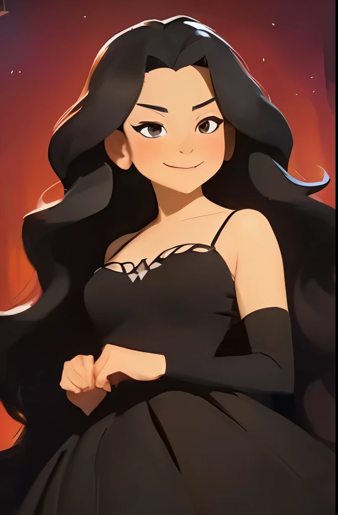 masterpiece, best quality, 1girl, solo, ((mature female)), round pupils, long hair, hair, princess, black dress, fantasy, happy, looking at viewer, cartoon, anime, (oil painting)