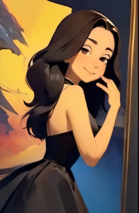 masterpiece, best quality, 1girl, solo, ((mature female)), round pupils, long hair, hair, princess, black dress, fantasy, happy, looking at viewer, cartoon, anime, (oil painting)