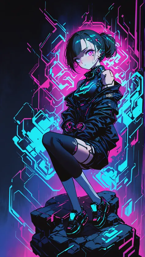  One Girl ,  cyberpunk, (whole body:1.1),  knee socks,  clevis on a stone,  perfect eyes,  perfect face, Kuvshinov,  cyberpunkシティ,neon