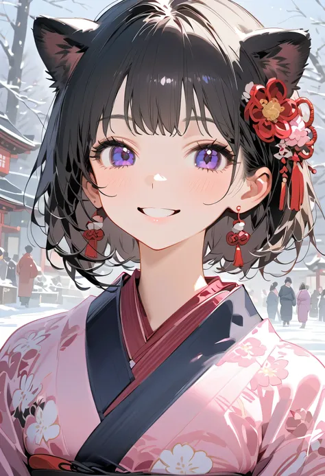 Age 19, Woman with Dog Ears, Very black hair, black ear , January, adult,kimono,new year,New Year Shrine Visit ,winter, New Years ink painting ,smile
