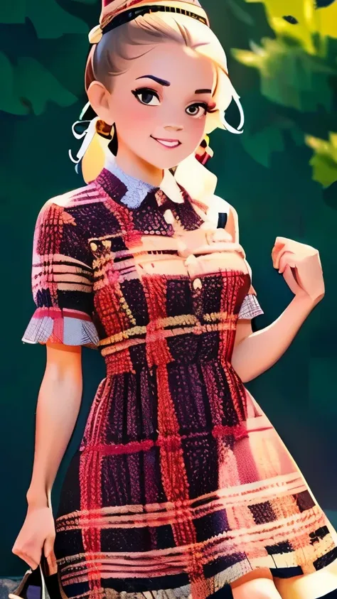 araffe a lady dressed in a plaid dress and knee high boots, cute checkerboard sundress, 