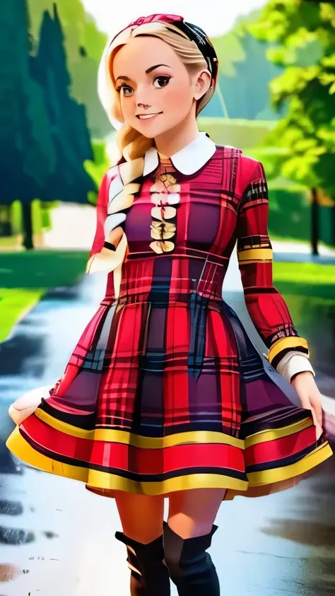 araffe  lady dressed in a plaid dress and knee high boots, a picture by Alexander Brook, instagram, renaissance, cute checkerboard sundress, 