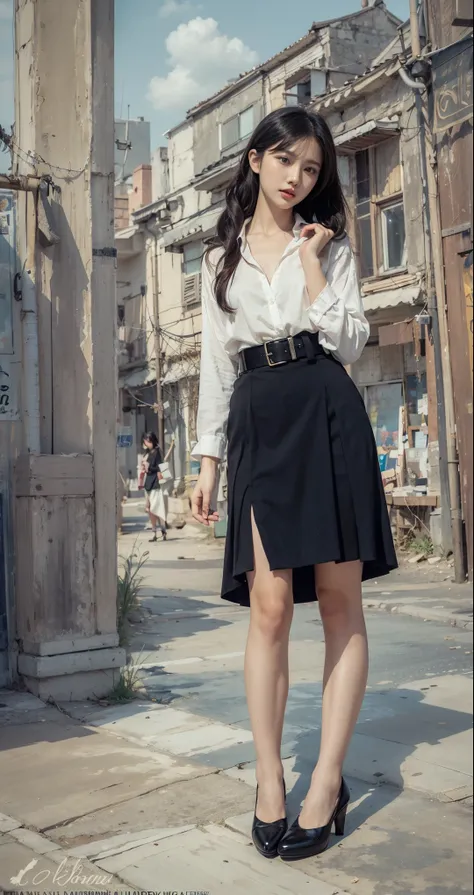 Beautiful Asian woman, white blouse, black slit skirt, in wasted back street