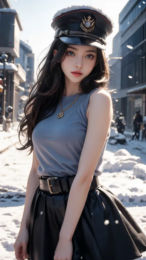 8k, ultra hd, masterpiece, 1 girl, ((innocent face)), very long hair, detailed eyes, ((military skirt)), ((blue outfit)), ((belt)), ((bare arms)), military hat, in the battlefield, ((bloom)), winter season, ((snow falling)), ray tracing, perfect body image...