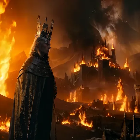 a man in a crown standing in front of a fire, return of the king. cinematic, the night war rages behind him, the dark lord sauron, elden ring cinematic lighting, sauron, epic cinematic shot, anor londo, whiterun city burning, epic vfx shot, beautiful helms...