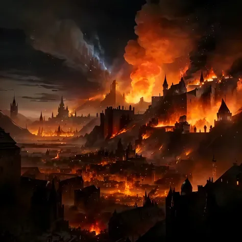 arafed view of a castle on fire with people walking around, an ancient city on fire, burning village, whiterun city burning, burning village in background, burning battlefield background, mordor as a bustling city, burning city in background, city in the d...