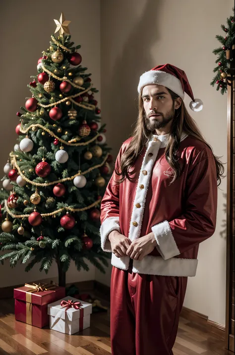 Jesus wearing Santa Claus clothes, next to a Christmas tree. 