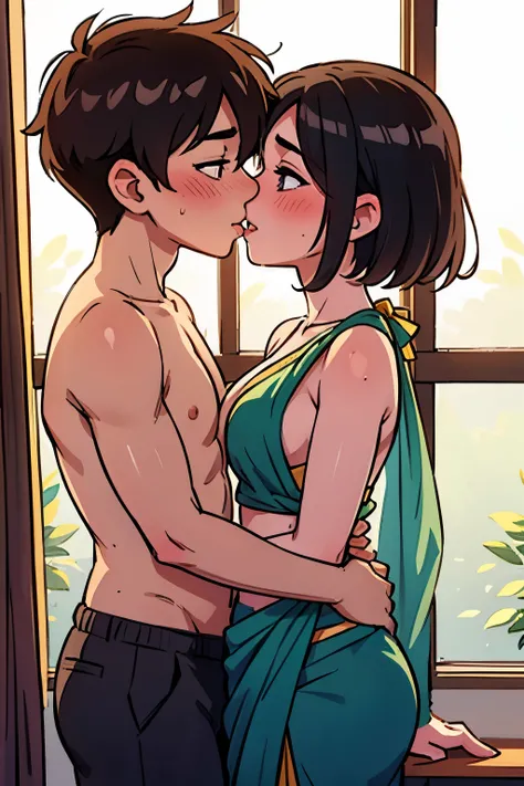 Shirtless boy kissing a sexy woman wearing a saree near a windowsill, natural light beaming through window, passionate, intensely intimate, lustful, hot, hugging tight, both blushing intensely 