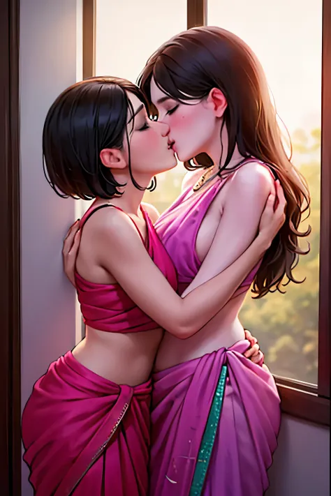 Shirtless boy kissing a sexy woman wearing a saree near a windowsill, natural light beaming through window, passionate, intensely intimate, lustful, hot, hugging tight, both blushing intensely 