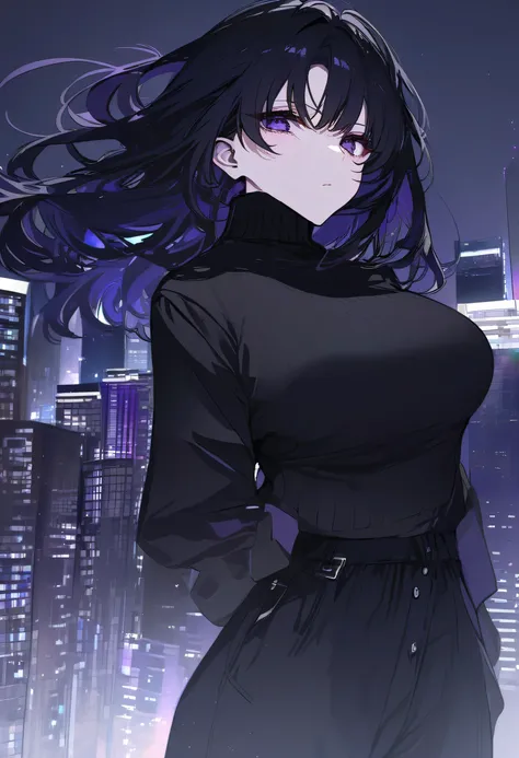 Female + black hair + purple eyes + black turtle neck sweater + black trousers + solo + city background