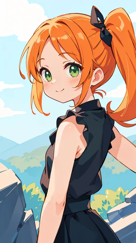 masterpiece、 top quality 、 1 girl、Anime drawings、 orange hair、Beautiful green eyes、 side ponytail 、 sleeveless shirt、 black skirt、 upper body closeup、 from the side、smile、 Cinematic Lighting 、cave、 sharp outline 