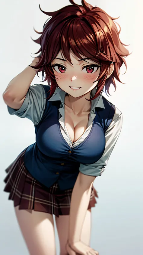 （ super high quality , super high res,16k,super masterpiece,Ultra HD ,Detailed shading and background,） sexy girl ,white shirt with large expansion,Navy blue vest, cleavage, plaid mini skirt ,smile,blush,Open your lips a little,Park in the morning sun, hol...