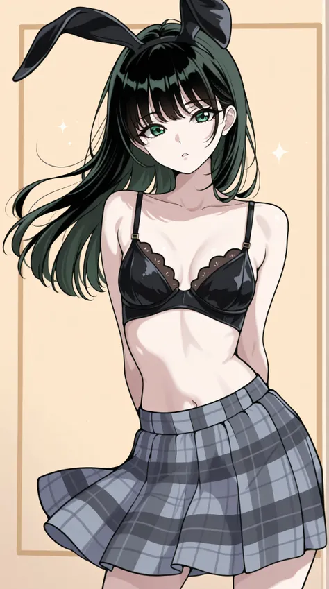 Bunny girl, bunny ears, small breasts, black hair, green eyes, slender legs, lingerie, standing in a relaxed contrapposto pose with her hands behind her back, she’s facing viewer straight, having a dramatic, neutral expression on her young face, her tartan...