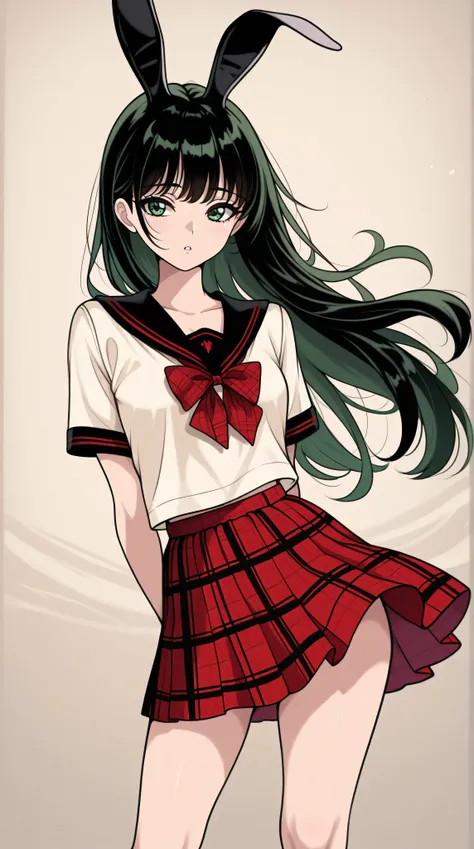 Bunny girl, bunny ears, small breasts, black hair, green eyes, slender legs, standing in a relaxed contrapposto pose with her hands behind her back, she’s facing viewer straight, having a dramatic, neutral expression on her young face, her tartan plaid sch...