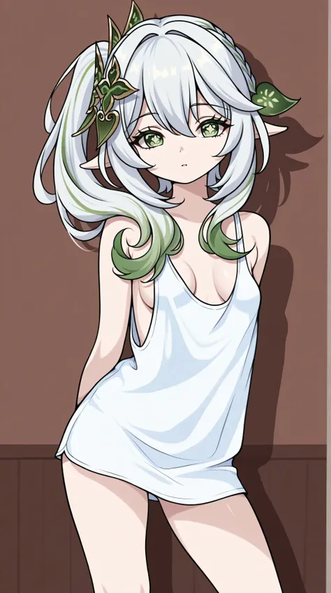 Nahida from genshin impact, white hair, green eyes, small breasts, slender legs, lingerie, standing in a relaxed contrapposto pose with her hands behind her back, she’s facing viewer straight, having a dramatic, neutral expression on her young face, her ta...