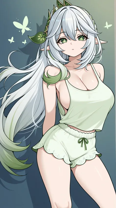 Nahida from genshin impact, white hair, green eyes, big breasts, slender legs, lingerie, standing in a relaxed contrapposto pose with her hands behind her back, she’s facing viewer straight, having a dramatic, neutral expression on her young face, her tank...