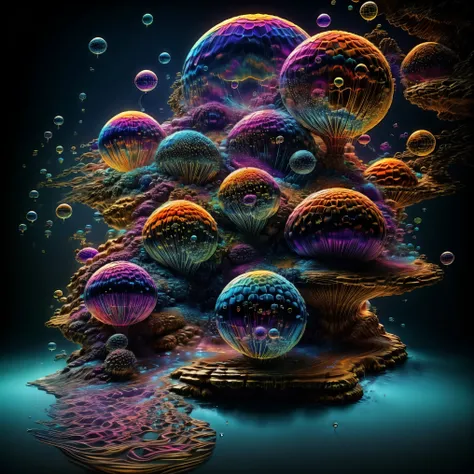 A close up of beautiful bubbles floating on top of each other, LSD, DMT imagery. octane render, psychedelic droplets of water, abstract liquid, and intricate rainbow art. octane render, black 3d fluid simulation, ethereal bubbles, swirling liquids, and hi...