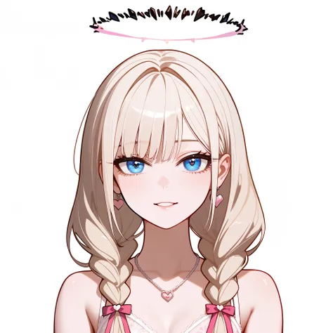 score_9, score_8_consolation, score_7_consolation, 1 woman,  delicate pastel aesthetic, broken pink halo, platinum blonde hair, braided pigtails, pink satin ribbons, lace lingerie, large blue eyes, heart-shaped necklace, elegant charm, feminine style, ethe...