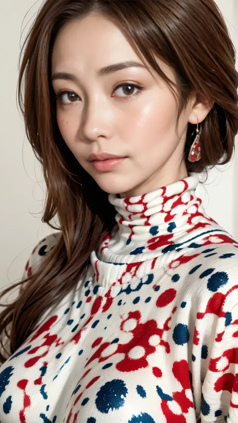 (masterpiece, best quality:1.2),illustration art,Kusama Yayois style,simple background,a beautiful girl,Skin detail processing,The eyes are very detailed,sweater,(((Speckled pattern))),red,blue,White,black