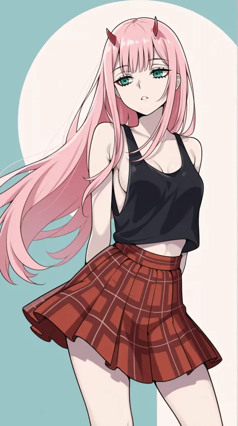 Zero Two from Darling in the Franxx, horns, pink hair, teal eyes, small breasts, slender legs, tartan plaid school uniform, standing in a relaxed contrapposto pose with her hands behind her back, she’s facing viewer straight, having a dramatic, neutral exp...