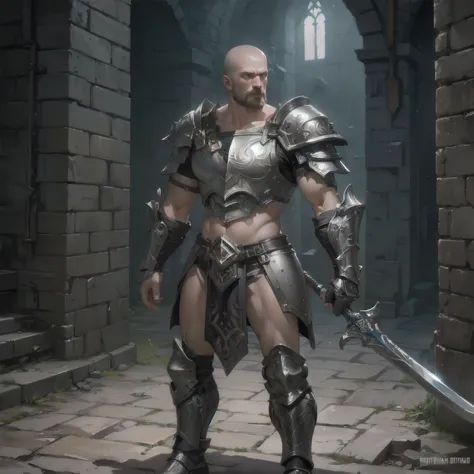  masterpiece, (textured skin), best quality,fantasy, 1man,in dungeon,
,warrior,rugged body,short hair shaved,metal armor,hold warhammer, (beautiful face), cinematic lighting, ,