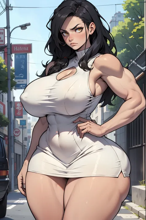 muscular girl gigantic breasts thick thighs wide hips curvy toned body black hair yellow eyes pale skin sad tight dress