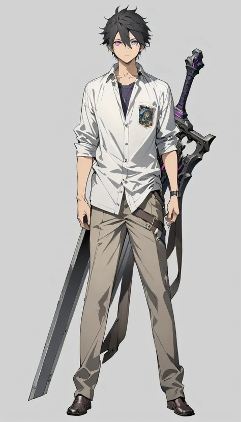 solo,1man,full body,black hair,Cool hairstyle,purple eyes,school uniform,large sword,looking at viewer,upright,arms at sides,concept art.white background,simple background,best quality,masterpiece,illustration,beautiful detailed eyes,expressionless,ultra-d...
